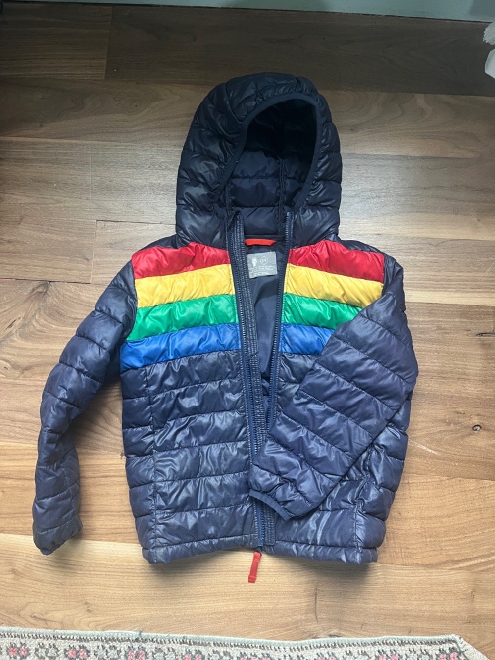 Primary Navy Hooded Puffer with Rainbow Chest Stripes